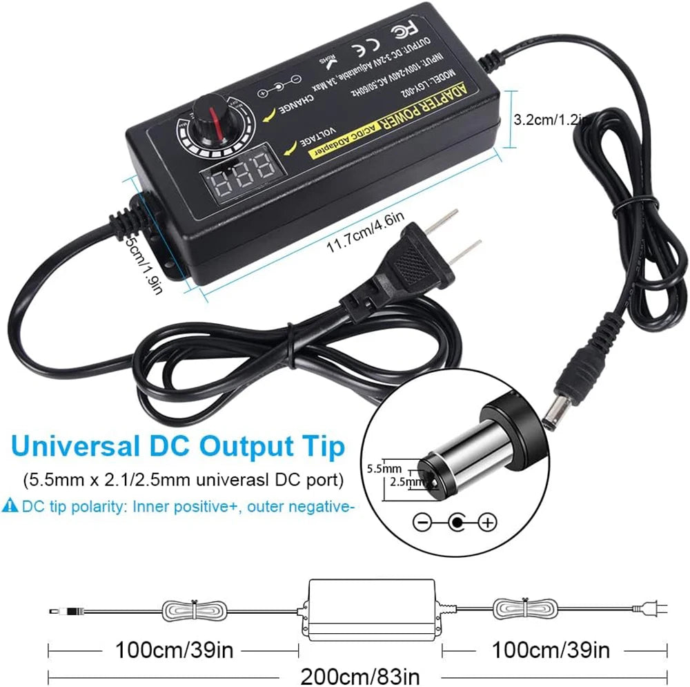 72W Adjustable Power Adapter - Multi-Voltage 3V to 24V, 3A AC/DC Variable Power Supply