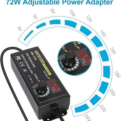 72W Adjustable Power Adapter - Multi-Voltage 3V to 24V, 3A AC/DC Variable Power Supply