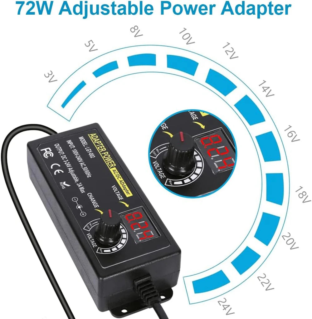 72W Adjustable Power Adapter - Multi-Voltage 3V to 24V, 3A AC/DC Variable Power Supply